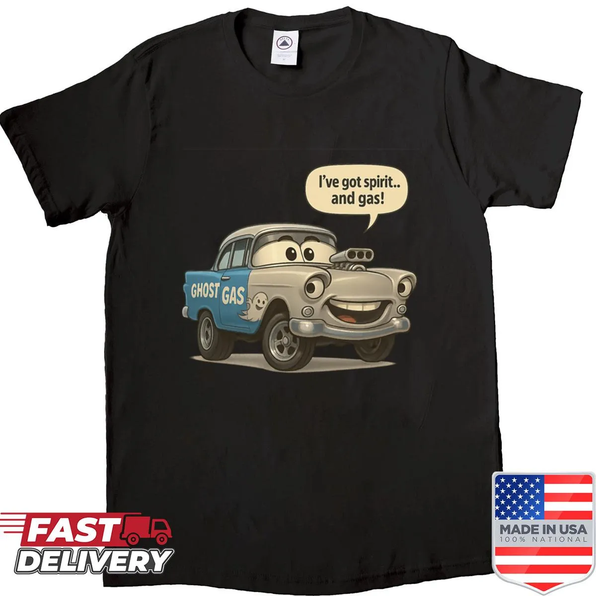Cartoon drag car shirt with ghosts, humorous hot rod design.