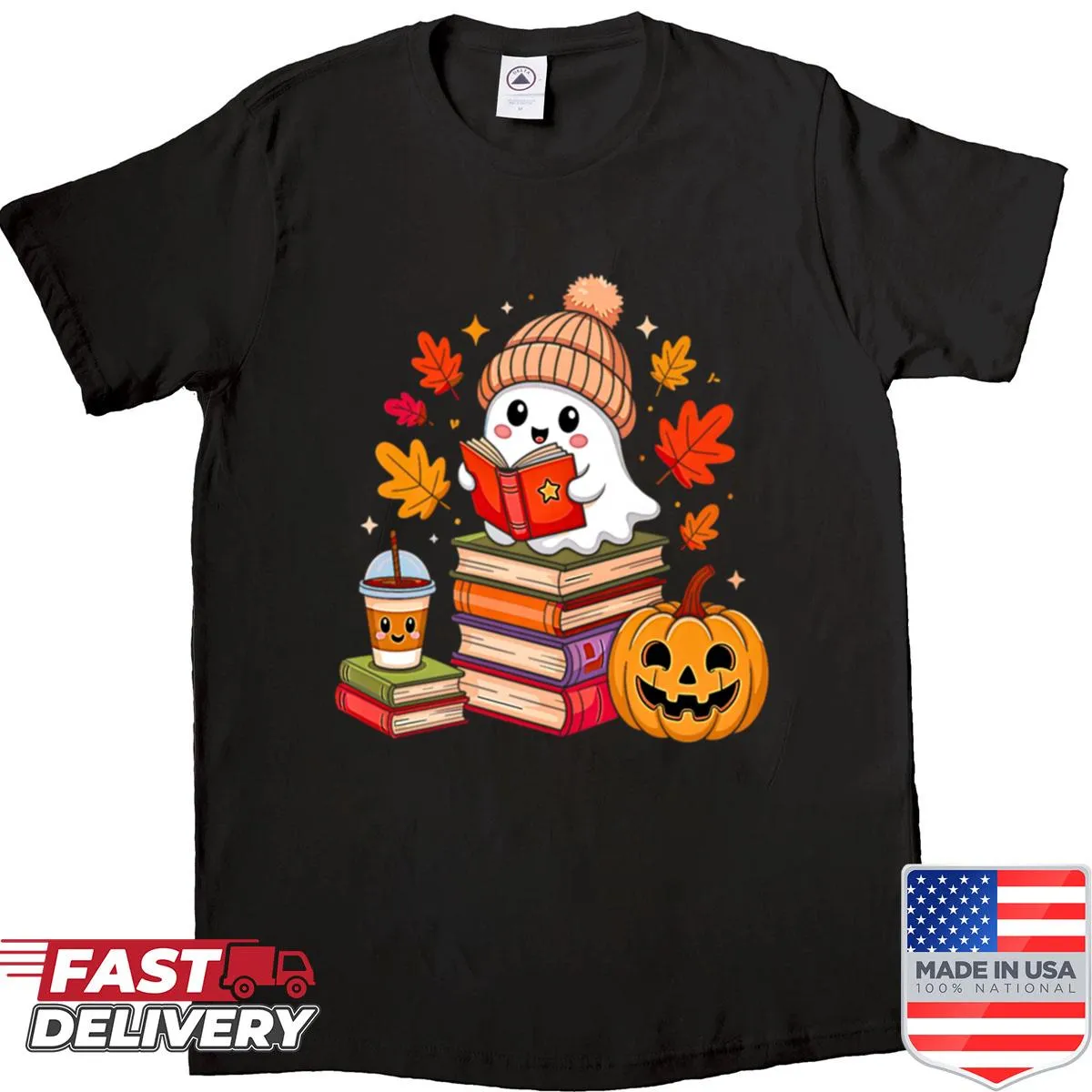 Cute ghost reading books graphic for a Halloween-themed shirt.