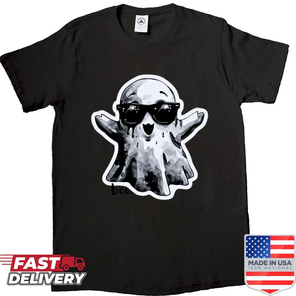 Black and white oversized shirt featuring a ghost saying Boo