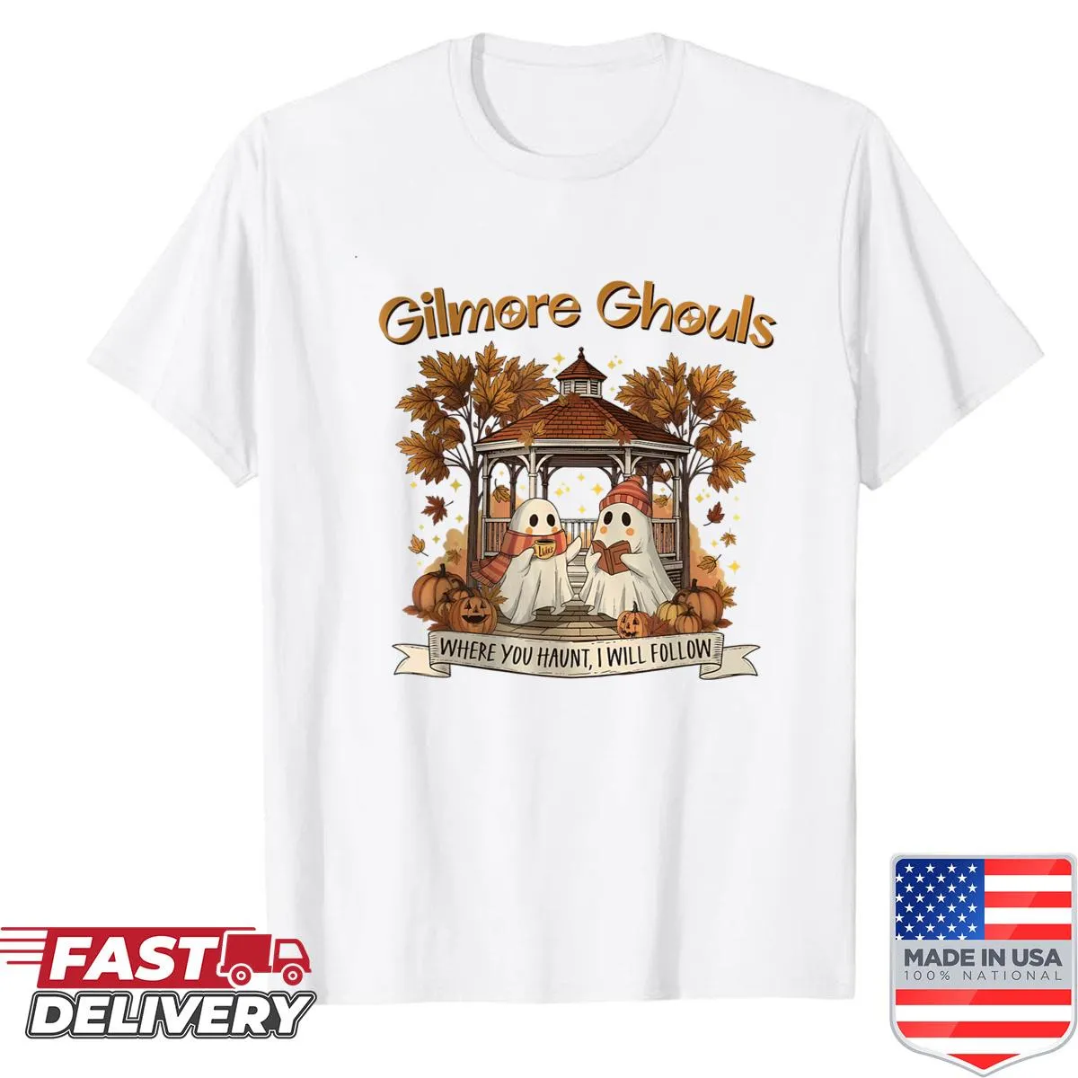 Vintage-style shirt with ghost-themed Halloween design.