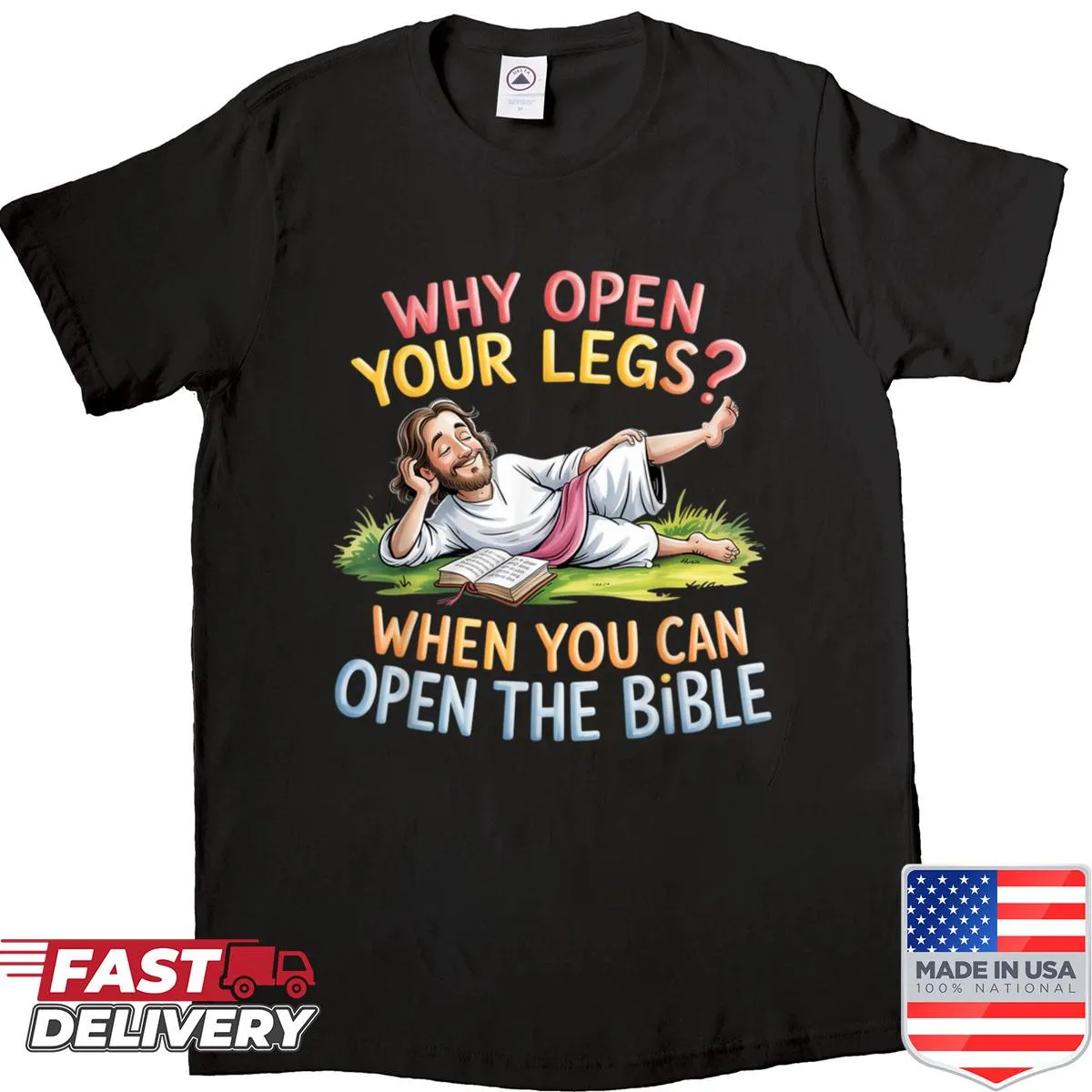 Illustrated shirt with a playful Bible message
