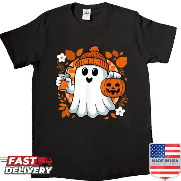 Cute ghost drinking coffee graphic on a Halloween-themed shirt.