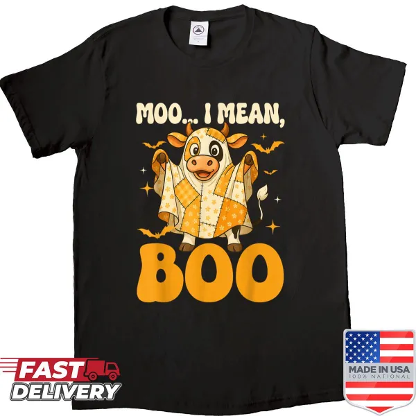 Halloween-themed shirt featuring a cow ghost with patchwork design