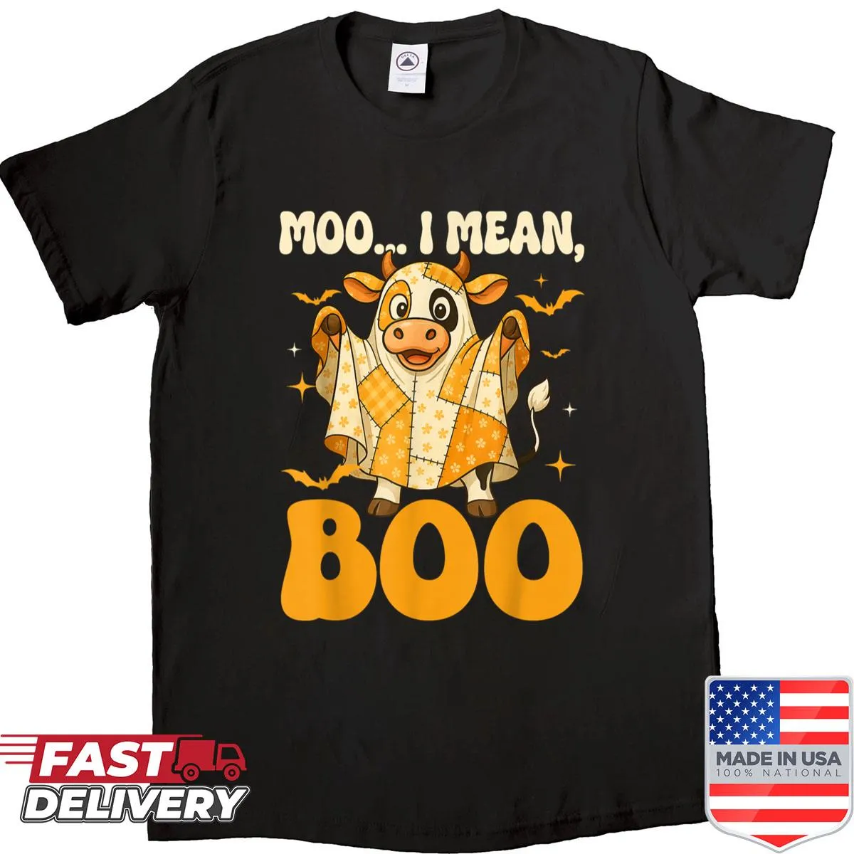 Halloween-themed shirt featuring a cow ghost with patchwork design