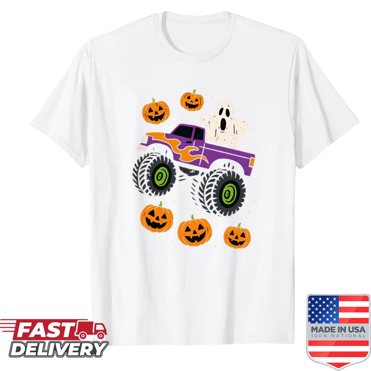 Halloween shirt featuring a ghost driving a monster truck