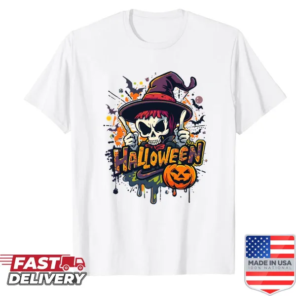 Whimsical Halloween skeleton and pumpkin design on t-shirt