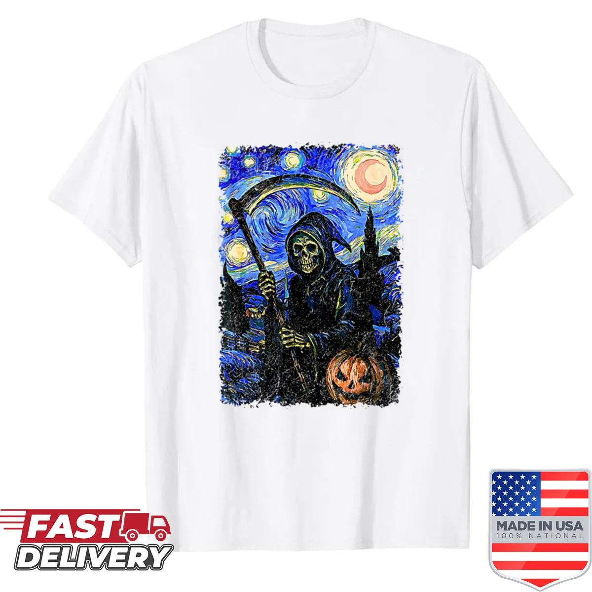 Halloween shirt featuring grim reaper with Van Gogh starry night design