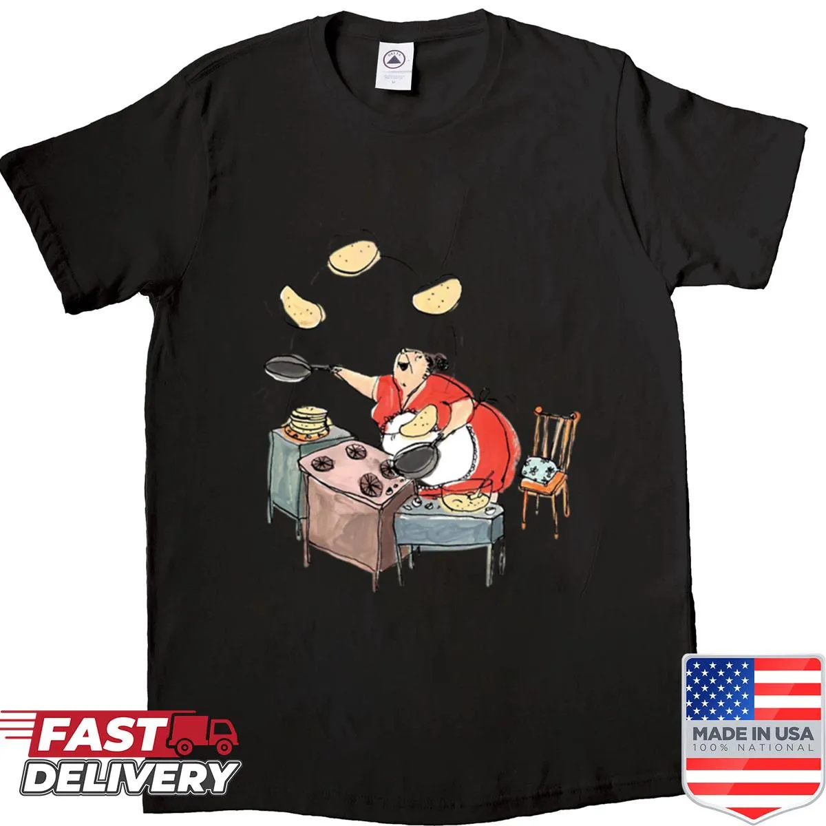 Chef cooking pancakes graphic on a fun shirt