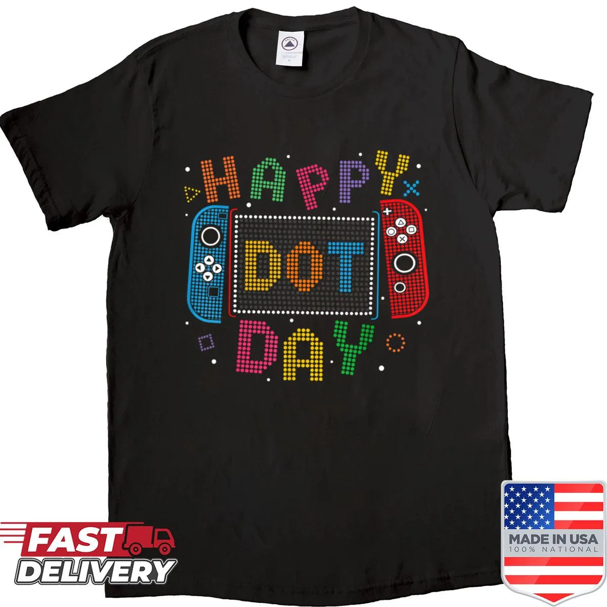Shirt with 'Happy Dot Day' in playful typography for children and teachers.