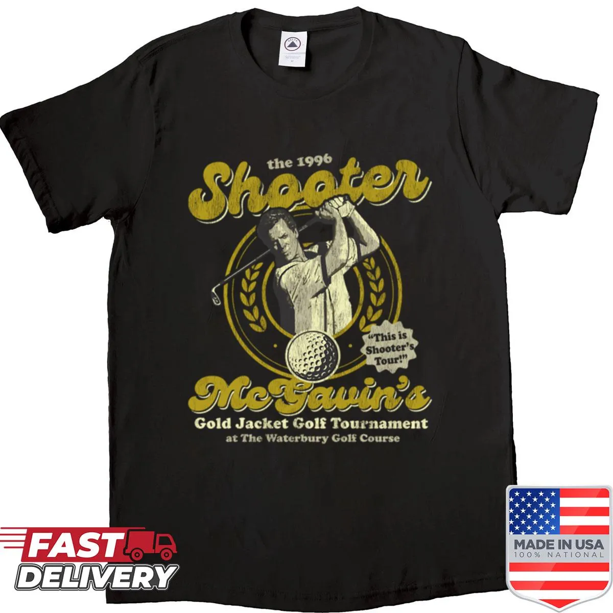 Cartoon gold jacket design inspired by Shooter McGavin from Happy Gilmore