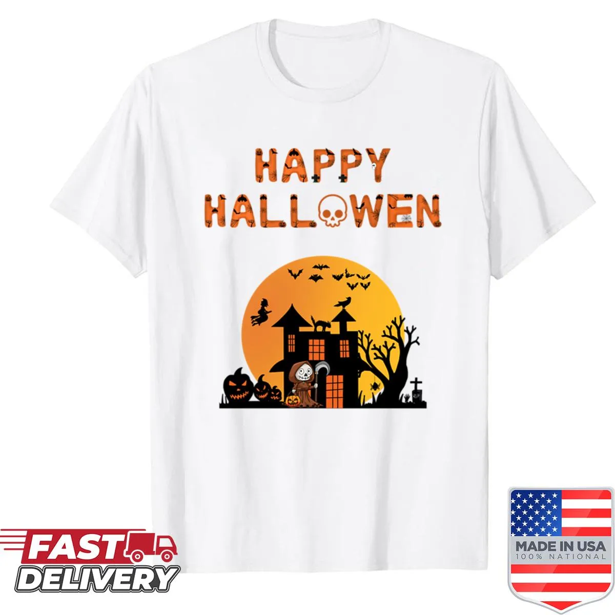 Halloween-themed shirt with haunted house, pumpkins, and witch illustration