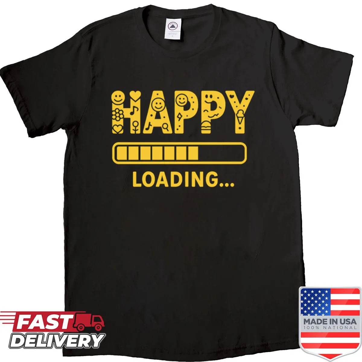 Humorous loading bar graphic with the word 'Happy' above it.