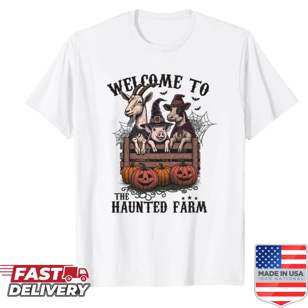 Illustrated Halloween shirt depicting haunted farm animals in a playful style