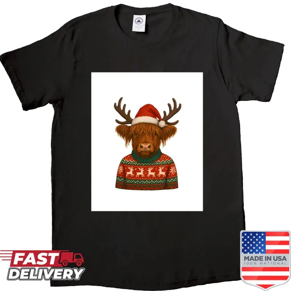 Christmas shirt featuring a Highland cow in a Santa hat
