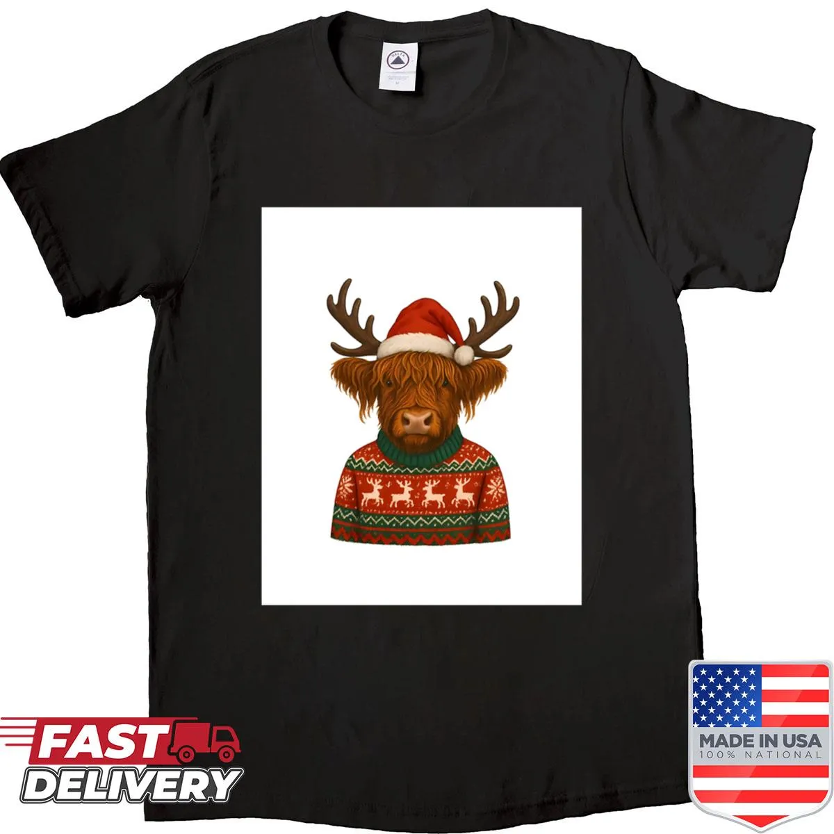 Christmas shirt featuring a Highland cow in a Santa hat
