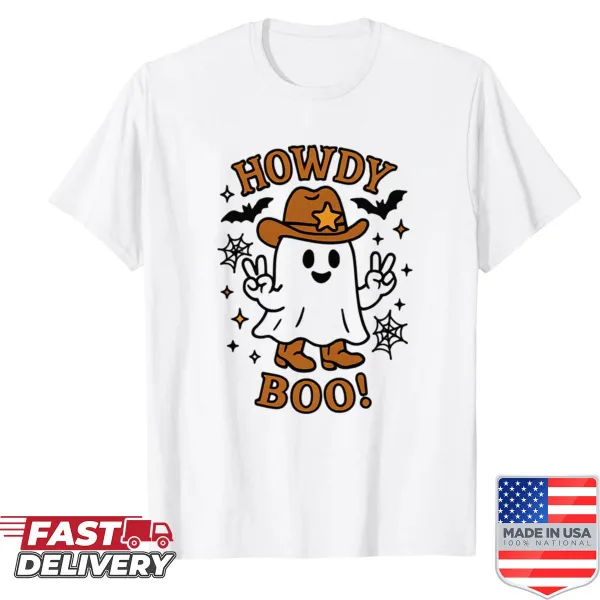 Cartoon ghost in cowboy hat on oversized Halloween shirt