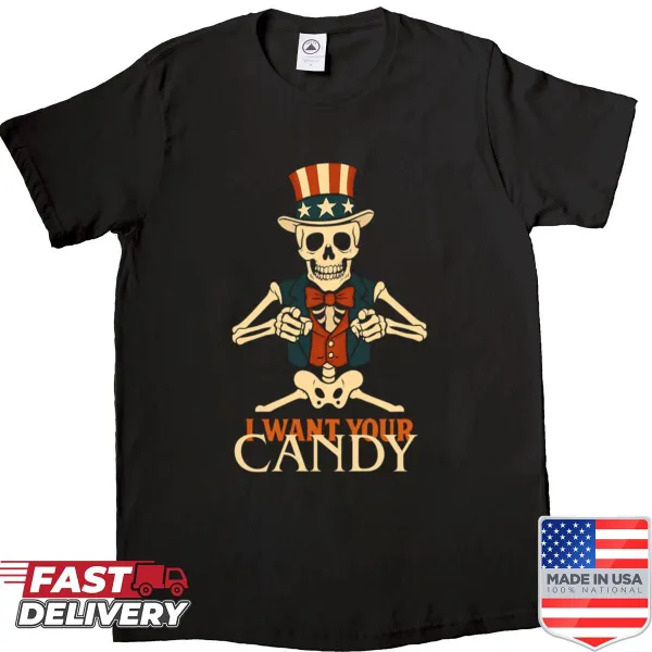 Uncle Sam skeleton Halloween shirt with candy-themed design