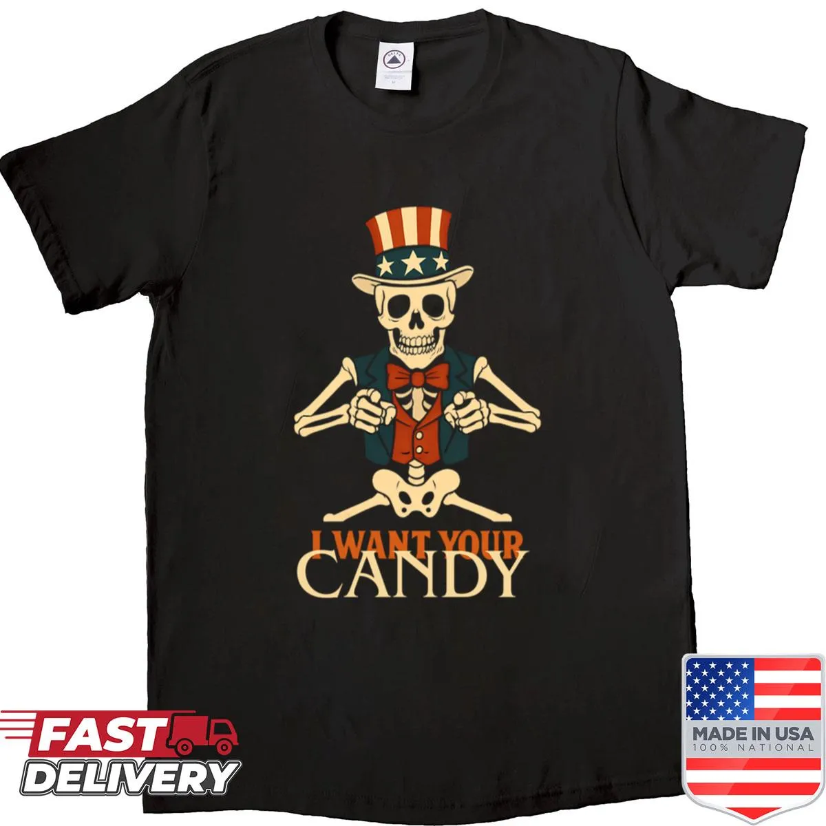 Uncle Sam skeleton Halloween shirt with candy-themed design