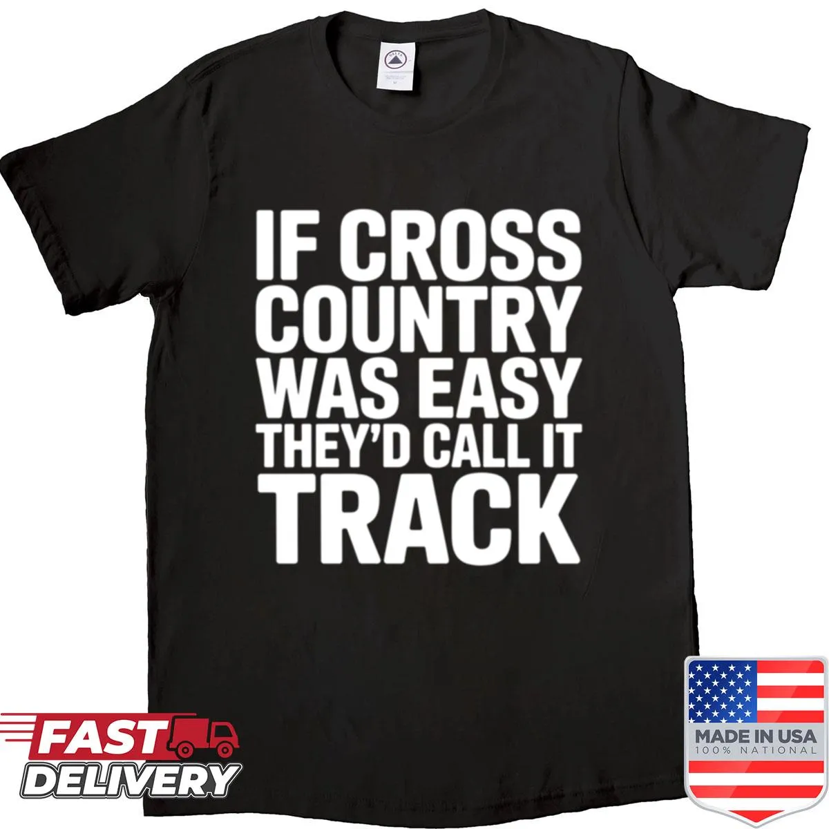Bold text graphic on a shirt about cross country running