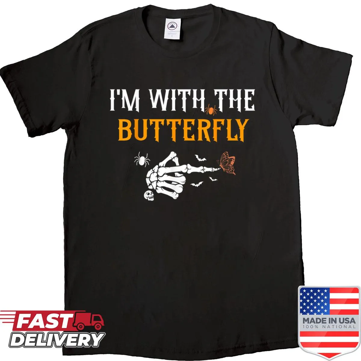 Couples matching Halloween shirt saying 'I’m With Butterfly'