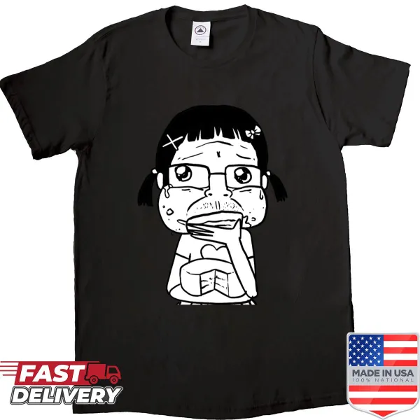 Playful T-shirt featuring a girl eating cake in a bathroom setting