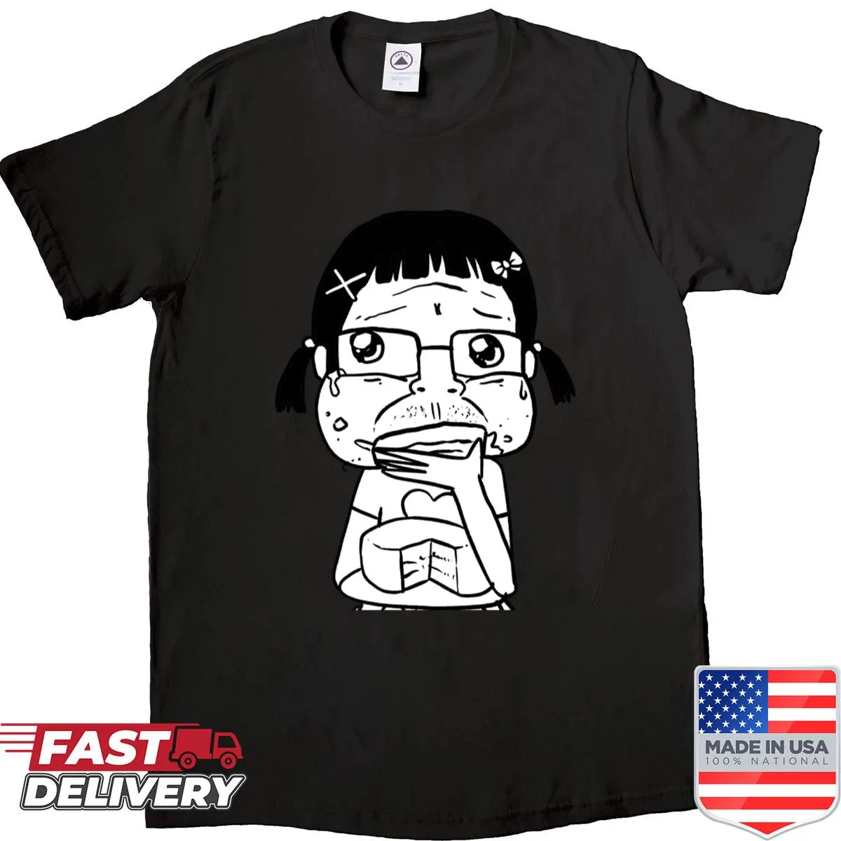 Playful T-shirt featuring a girl eating cake in a bathroom setting