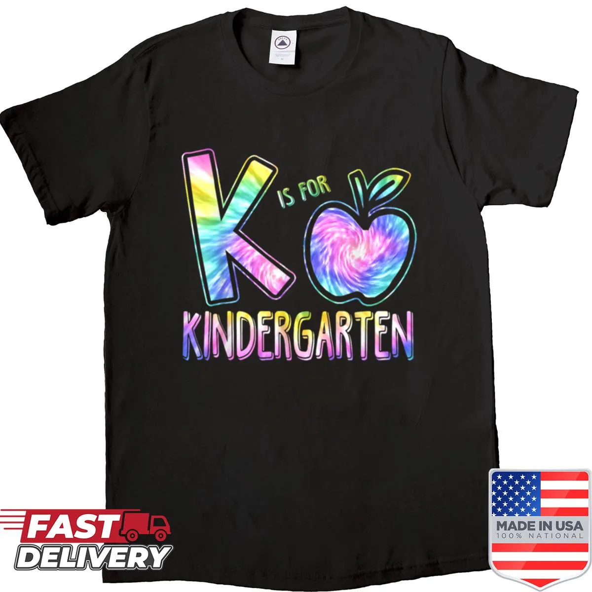 K is for Kindergarten Teacher graphic on a tie-dye shirt