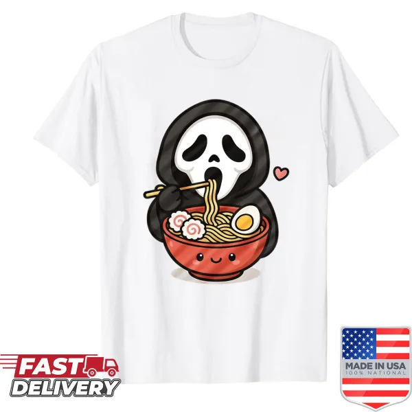 Kawaii Ghostface graphic enjoying ramen