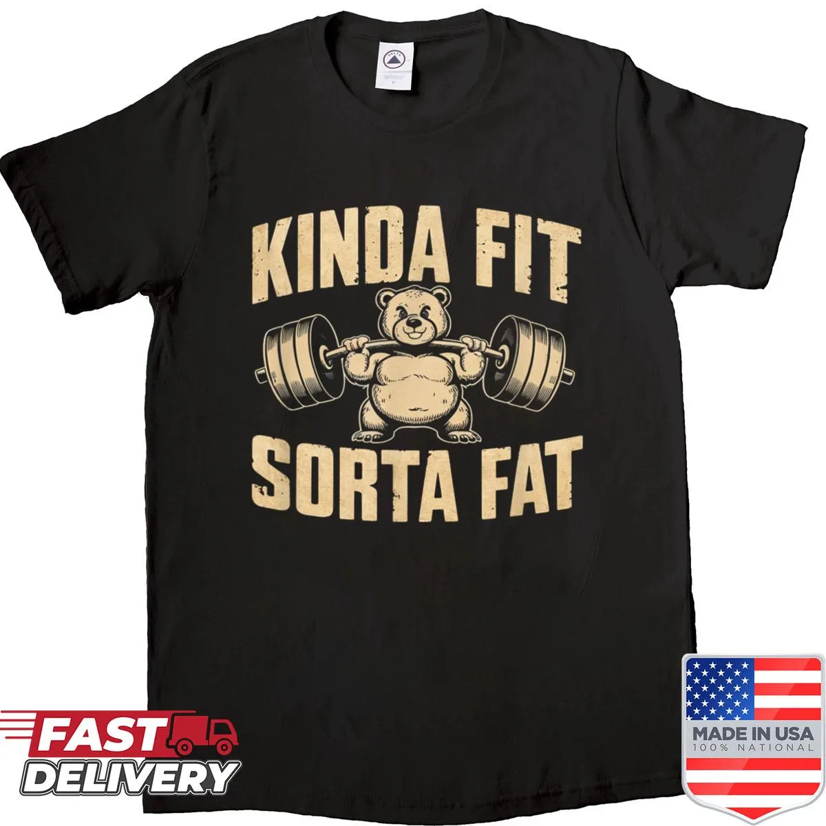 Funny retro shirt with a bear and 'Kinda Fit Sorta Fat' text.
