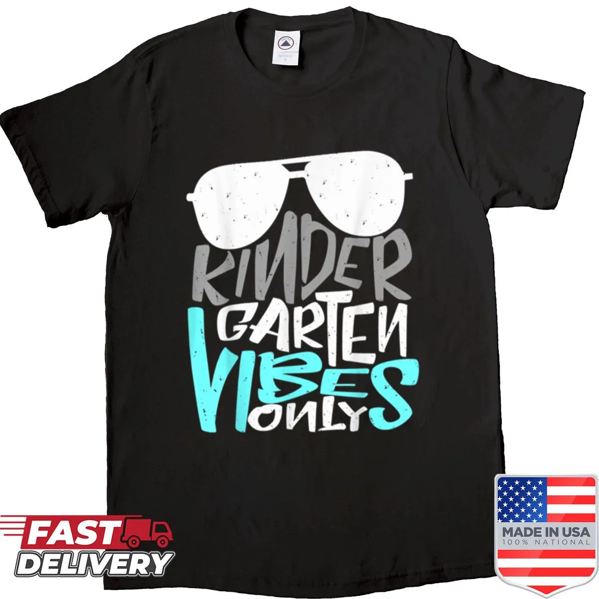 Whimsical 'Kindergarten Vibes Only' graphic for kids' school shirt