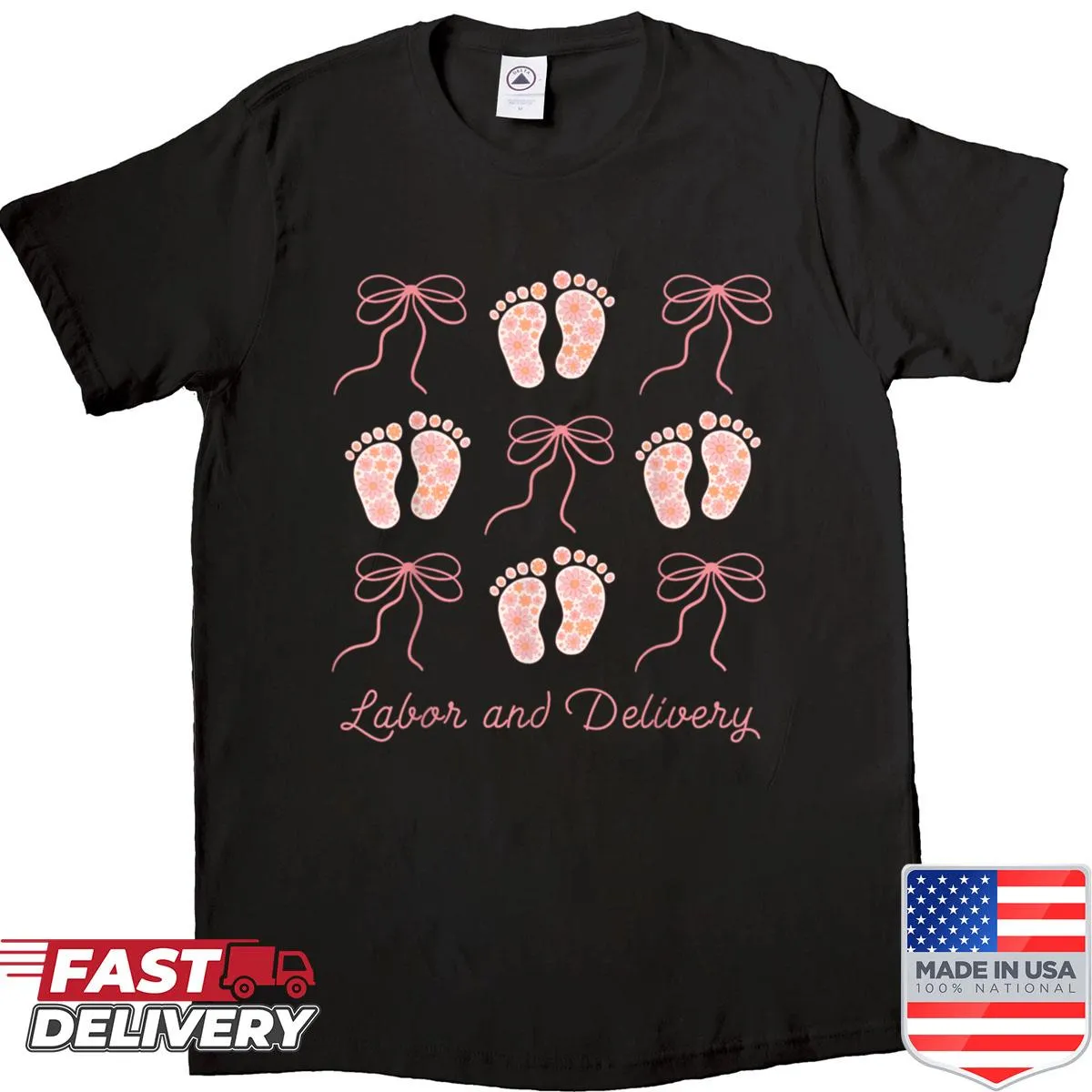 Illustrated shirt with a stork and pink bow for labor and delivery nurses