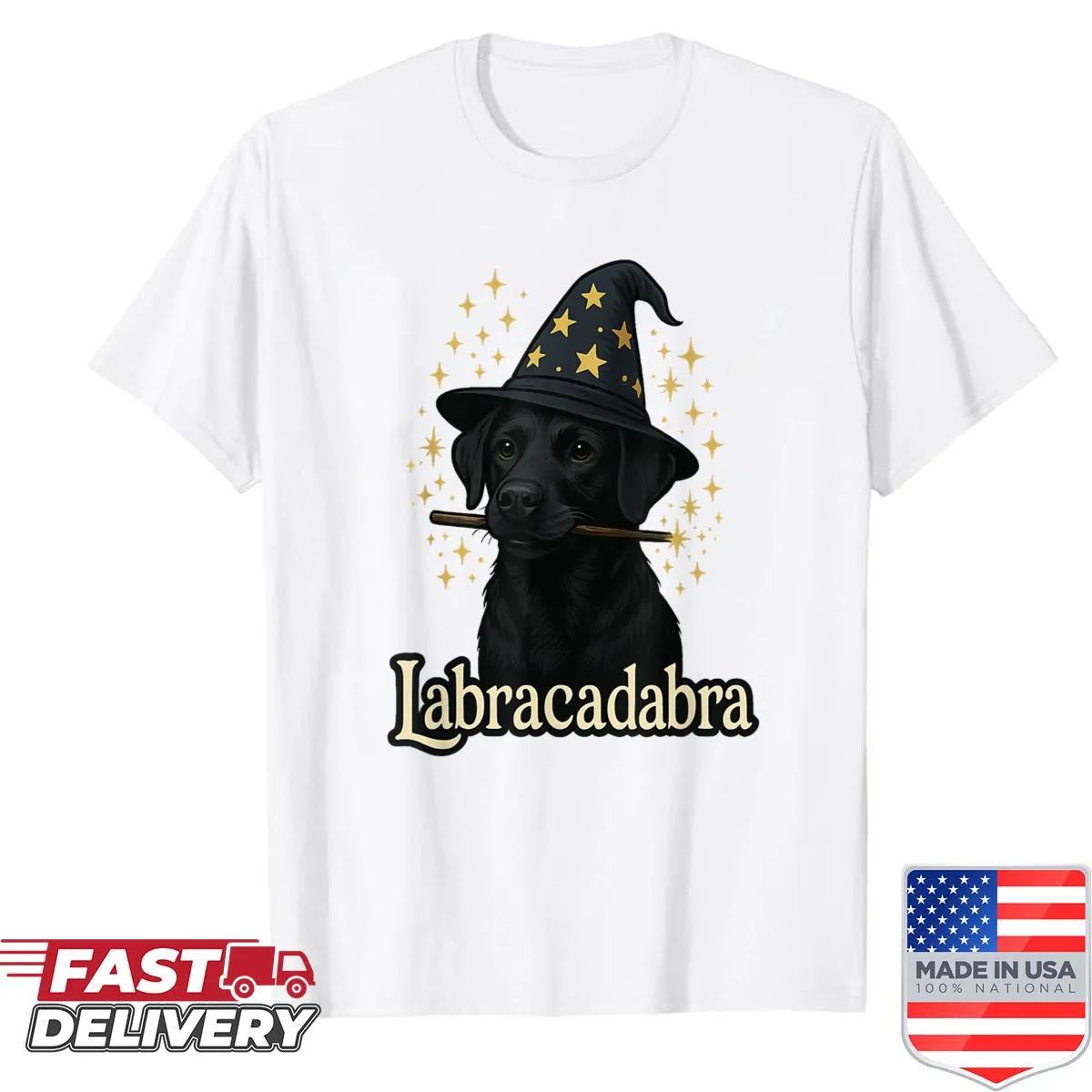 Funny Halloween shirt featuring a black lab in wizard costume