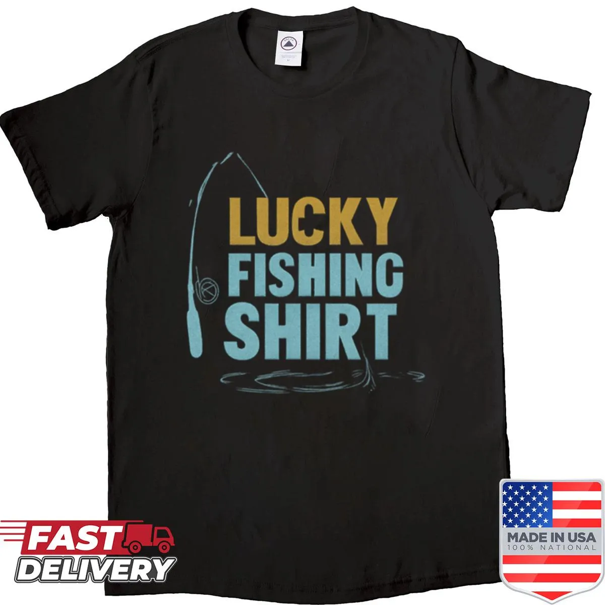 Funny fishing shirt with rod outline and water ripples design
