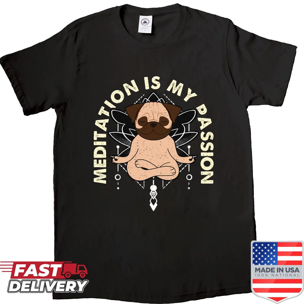 Shirt featuring a pug in a meditative pose celebrating mindfulness
