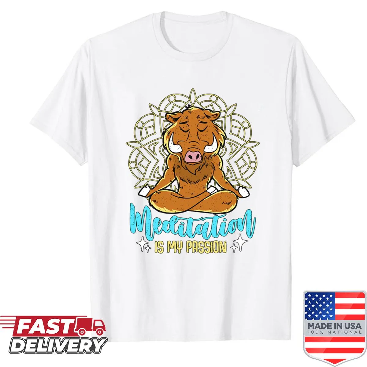 Oversized shirt with the phrase 'Meditation Is My Passion' and boar graphic
