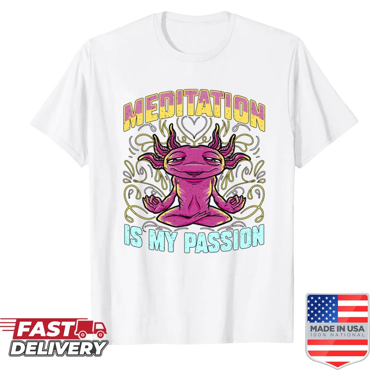 Yoga shirt featuring a joyful gecko and meditation quote