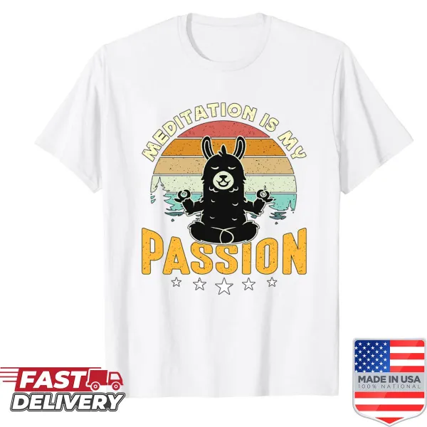 Shirt with 'Meditation Is My Passion' and llama illustration