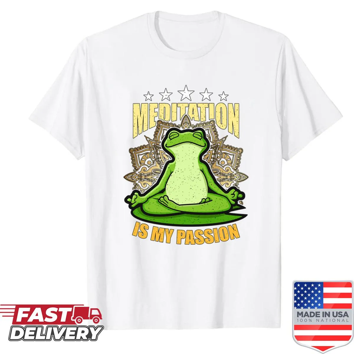 Shirt with the phrase 'Meditation Is My Passion' and a frog graphic