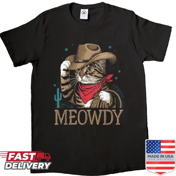 Cartoon cat dressed as a cowboy with the pun 'Meowdy'
