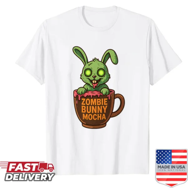 Cute bunny holding a coffee cup graphic on t-shirt