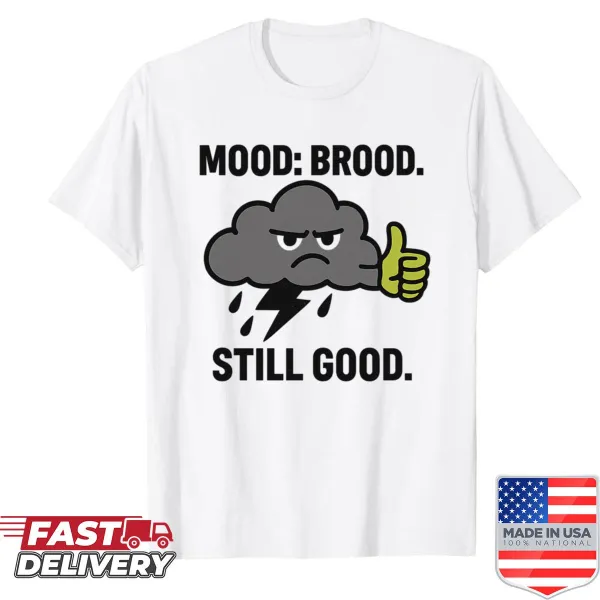 Illustrated T-shirt featuring a grumpy storm cloud with a thumbs-up