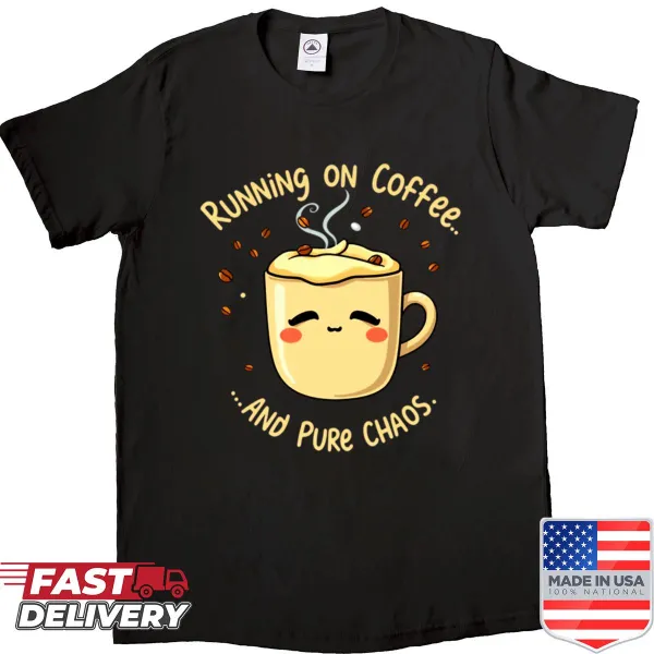 Playful shirt with the phrase 'My Life In A Mug Pure Chaos Brew' in typography