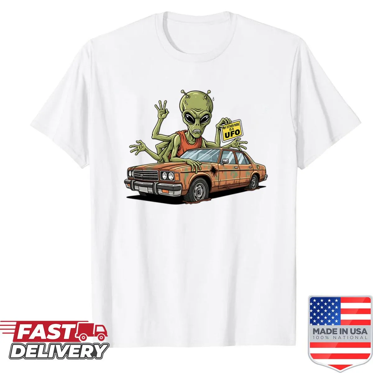 UFO-themed graphic on a humor shirt
