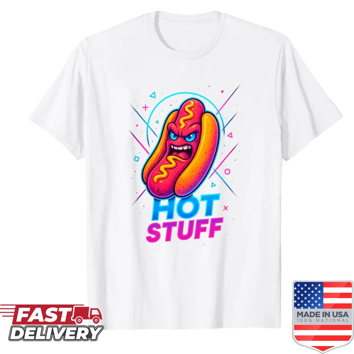 Neon illustration of a hotdog on a fun T-shirt