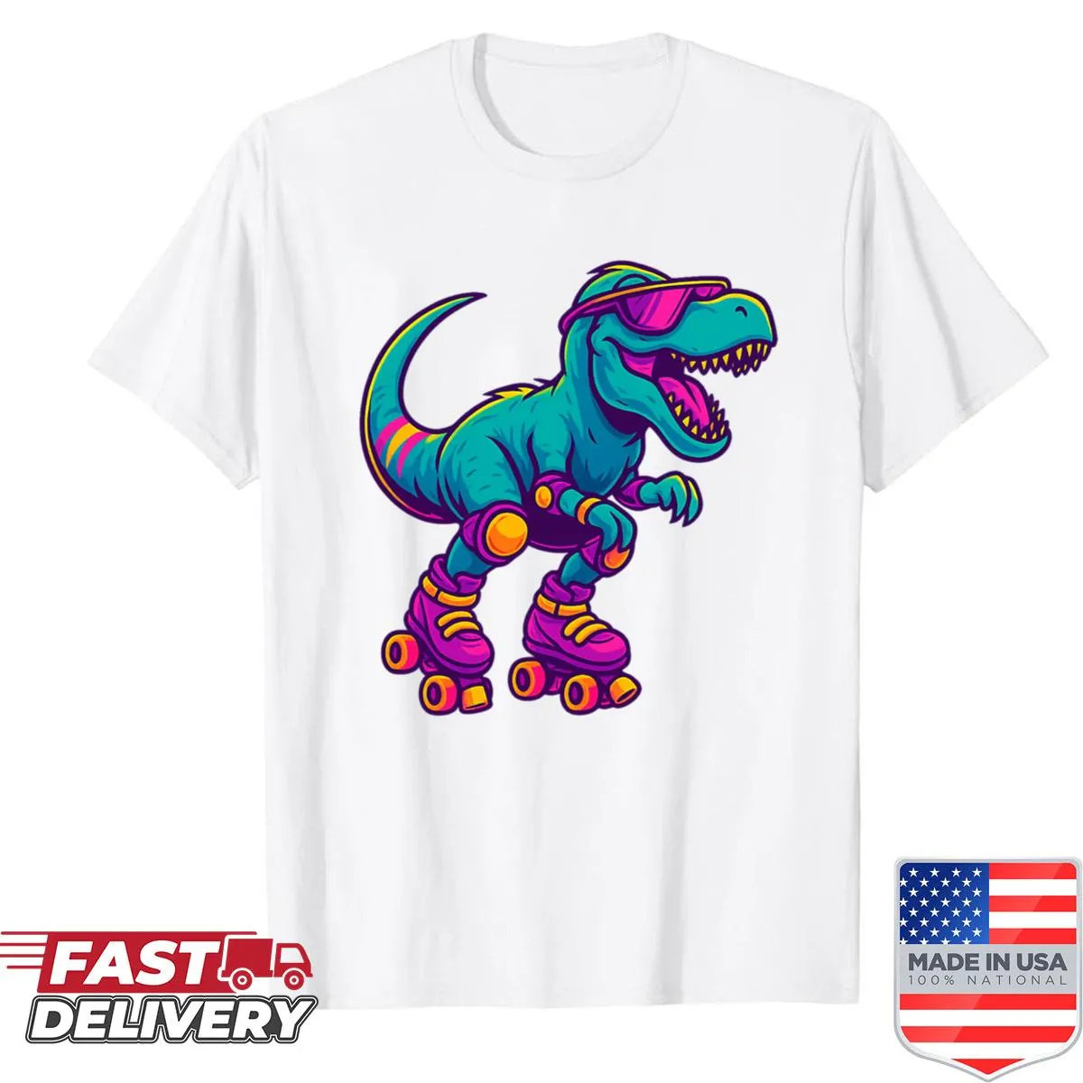 Retro dinosaur t-shirt with Neon Rex roller skating illustration