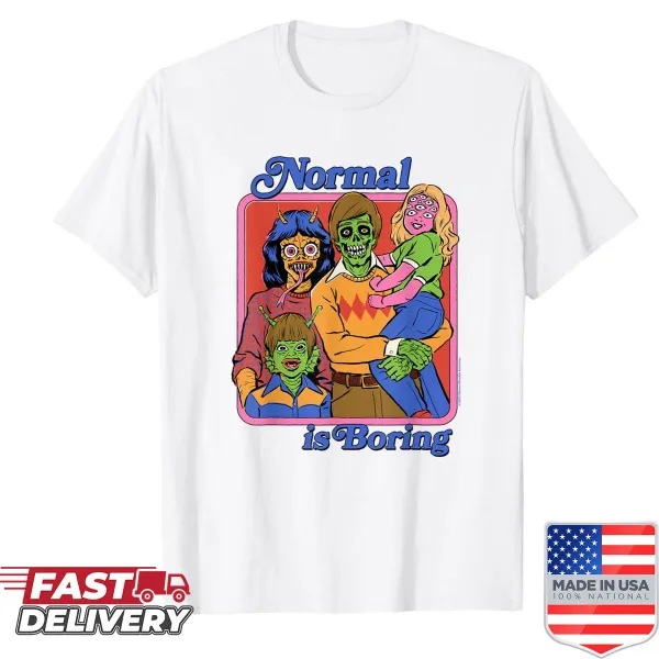 Retro shirt with 'Normal Is Boring' and playful monster graphics