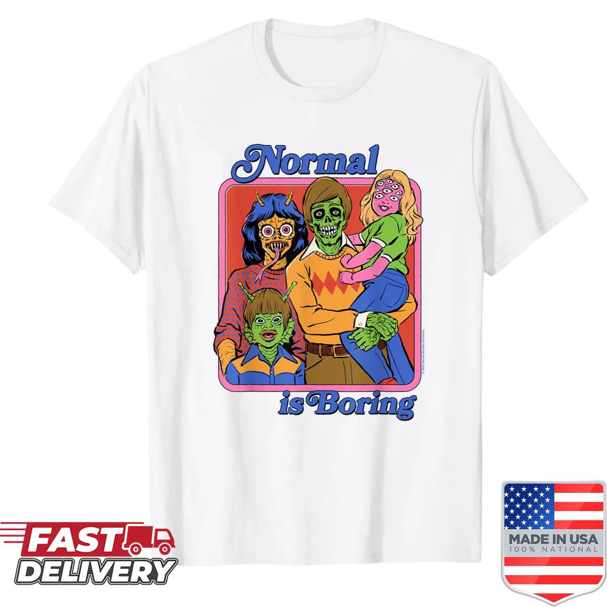 Retro shirt with 'Normal Is Boring' and playful monster graphics