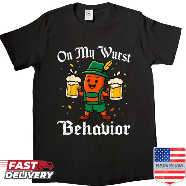 Shirt with the text 'On My Wurst Behavior' in a humorous font