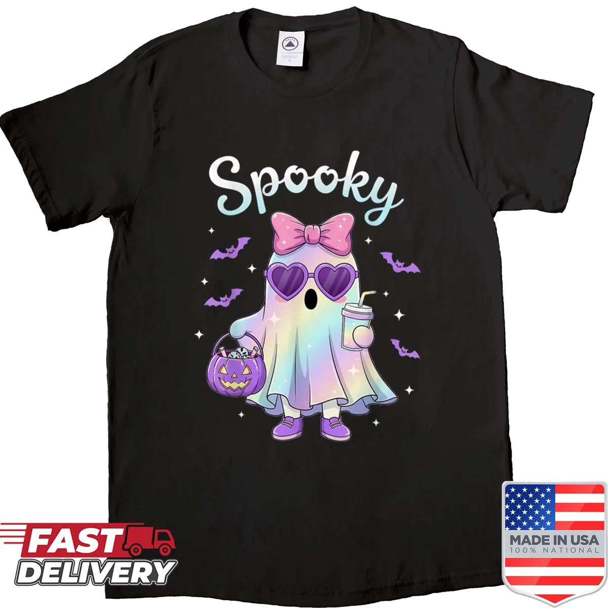 Cute Halloween shirt featuring a pastel ghost with a bow design