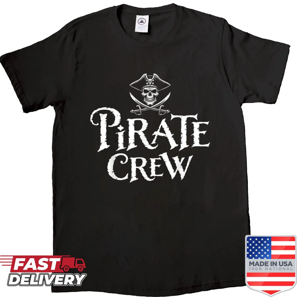 Cartoon pirate-themed shirt with 'Pirate Crew' text for families
